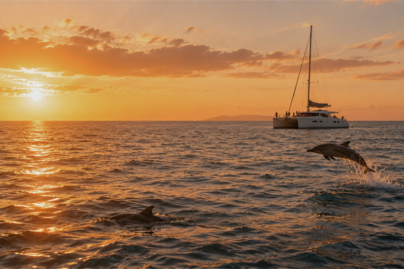 Delfines nadando junto a un catamarán al atardecer