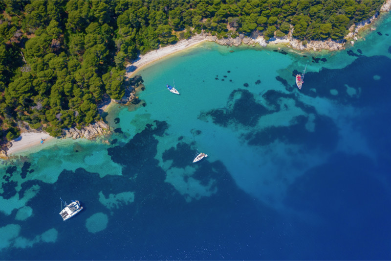 Vista aérea de una cala mediterránea y sus praderas de posidonia