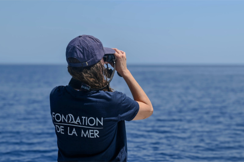 Miembro de la Fondation de la Mer observando el océano durante una misión de campo